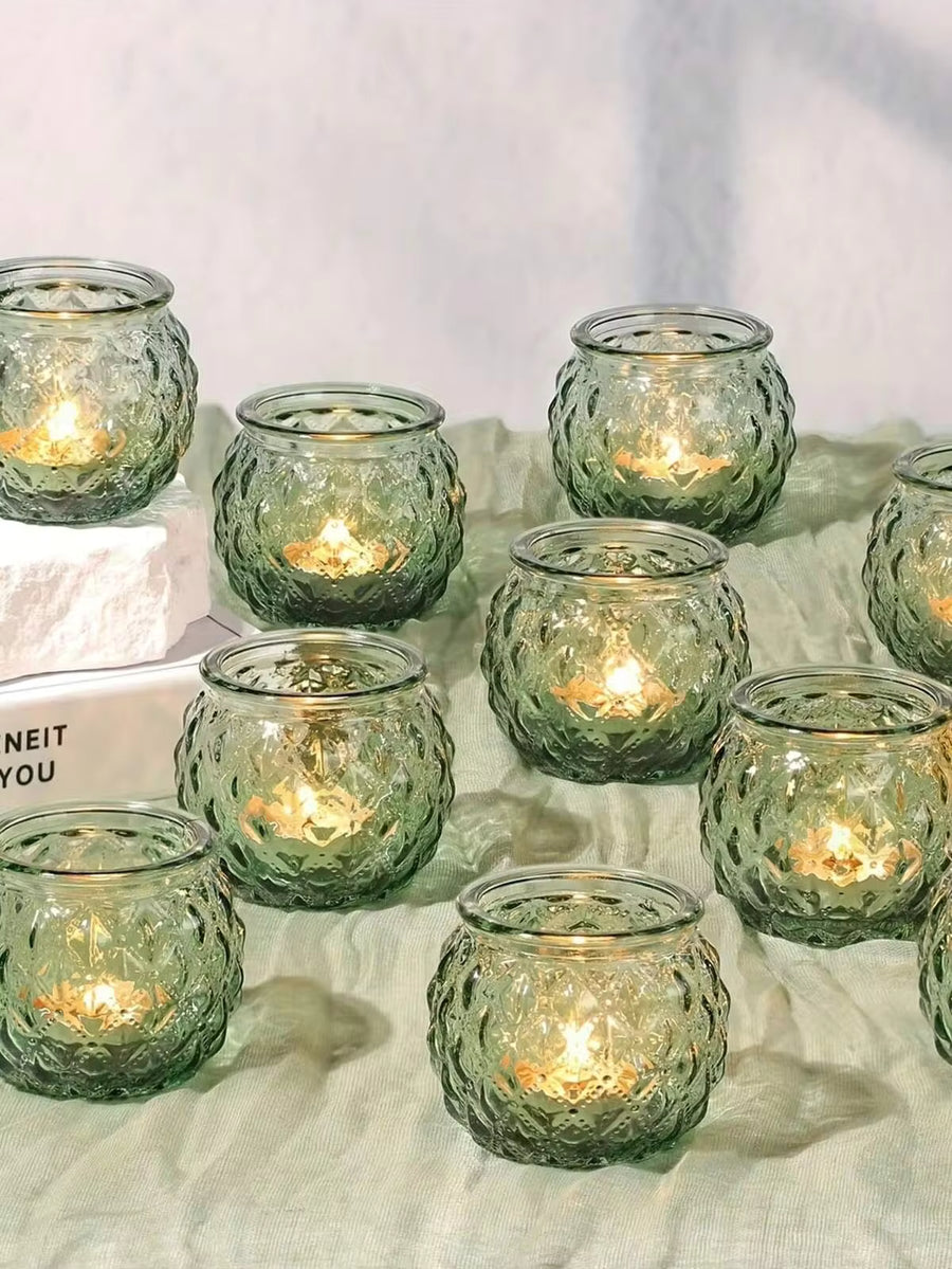 6/1pc Green Glass Candle Holder, Diamond Pattern Design, Suitable For Wedding Centerpiece Decor, Halloween Party Decor, Tabletop Centerpiece Decor, Indoor Home Decor, Family Gathering, Tabletop Decor, Theme Party