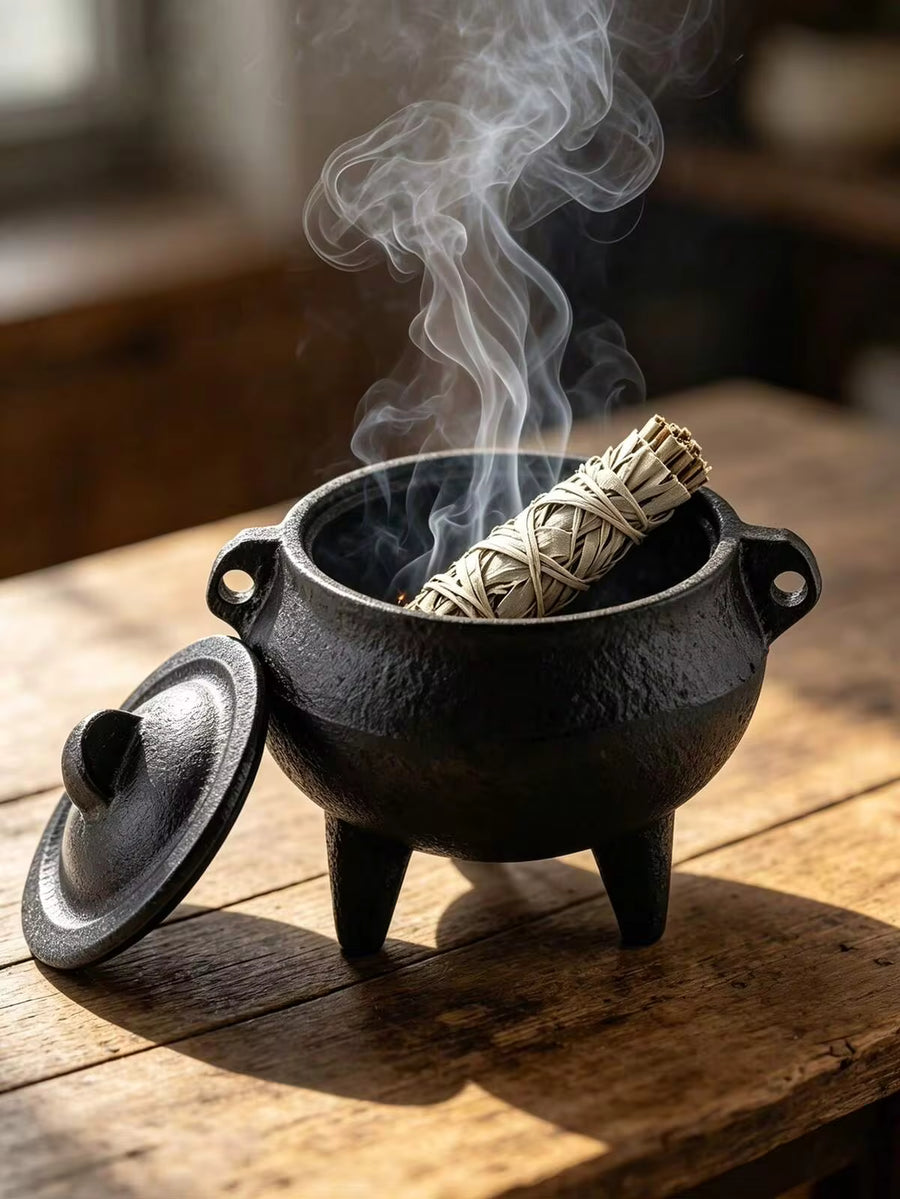 1pc Cast Iron Incense Burner With Lid, Three-Legged Sage And Palo Santo Incense Holder, Portable Meditation Purification Bowl, Home Space Purification, Vintage Desktop Decor Ritual Ornament, Suitable For Yoga And Spiritual Indoor Use